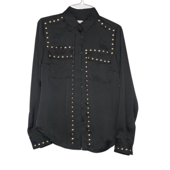 Michael Kors Black Long-Sleeve Button-Up Top with Gold Accents, Size XS - Picture 1 of 3